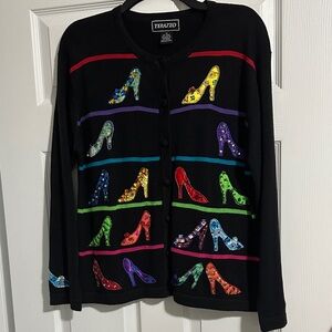 Black Cardigan with Colorful High Heel 👠Shoe Design